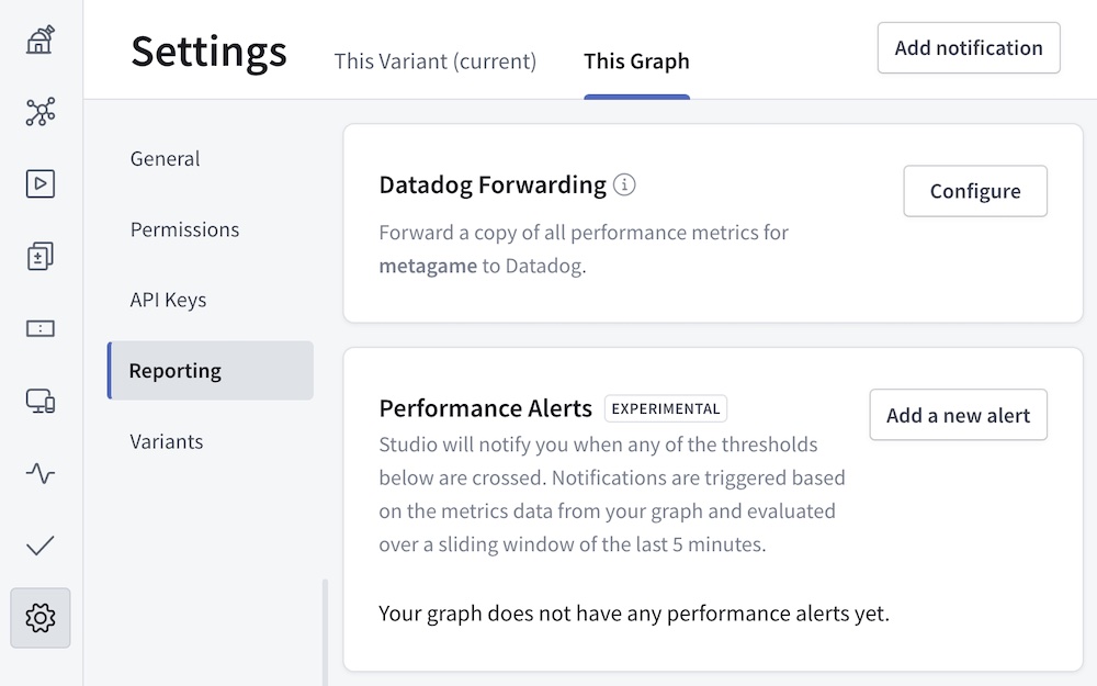 Graph settings page in Studio with Datadog section